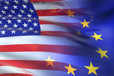 The image shows the flags of the United States and the European Union blended together in a wave-like composition.